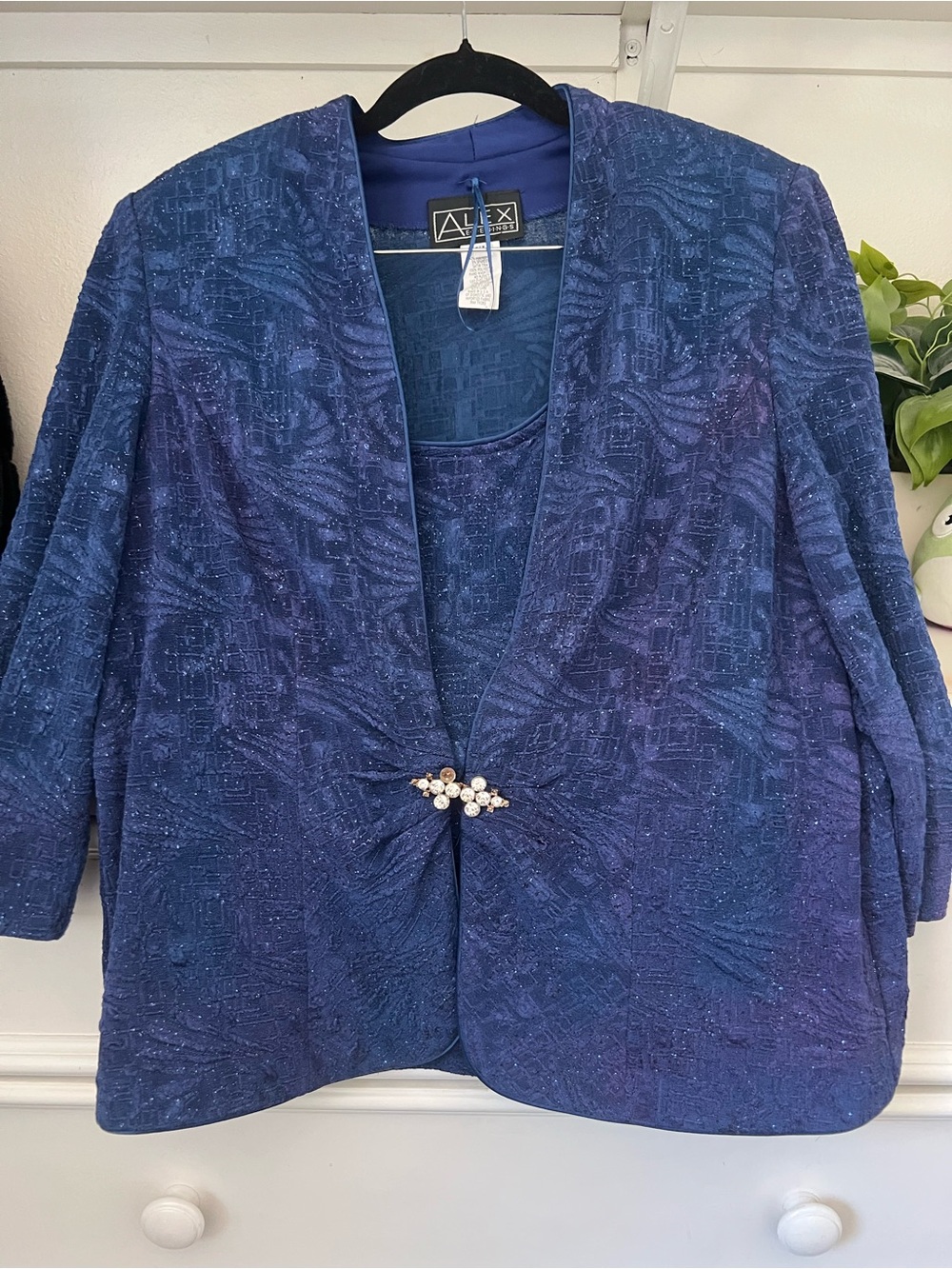 Alex Evenings Blue Glitter 2-Piece Jacket & Top Set, Size XL